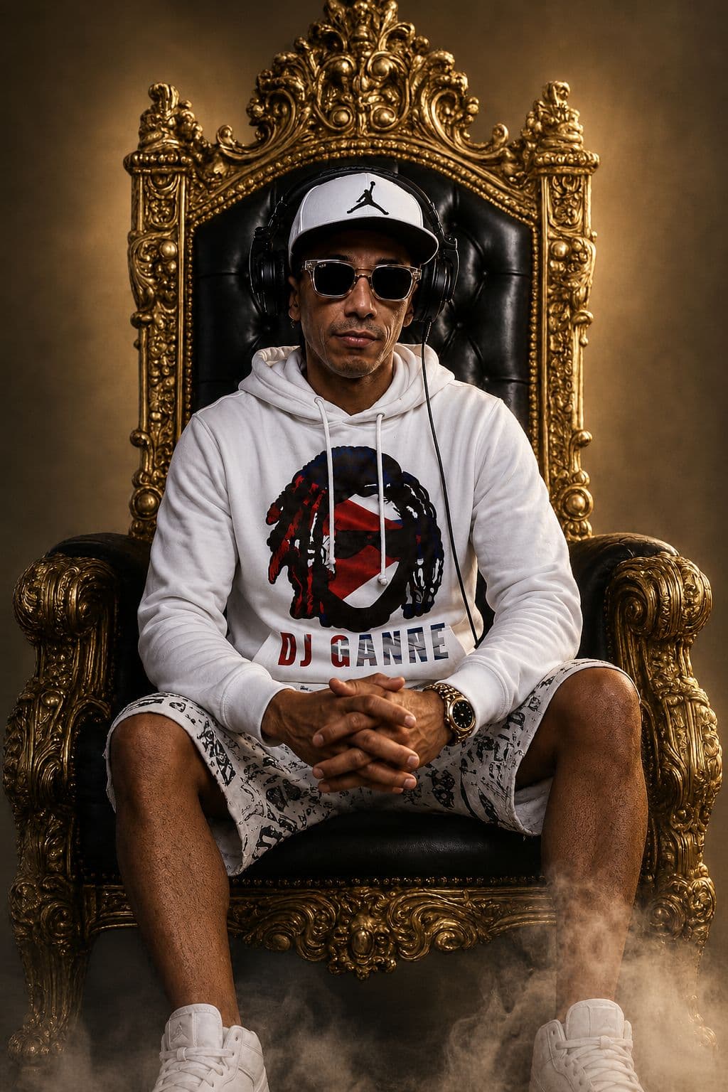DJ Canet sentado en un trono dorado barroco, con humo a sus pies