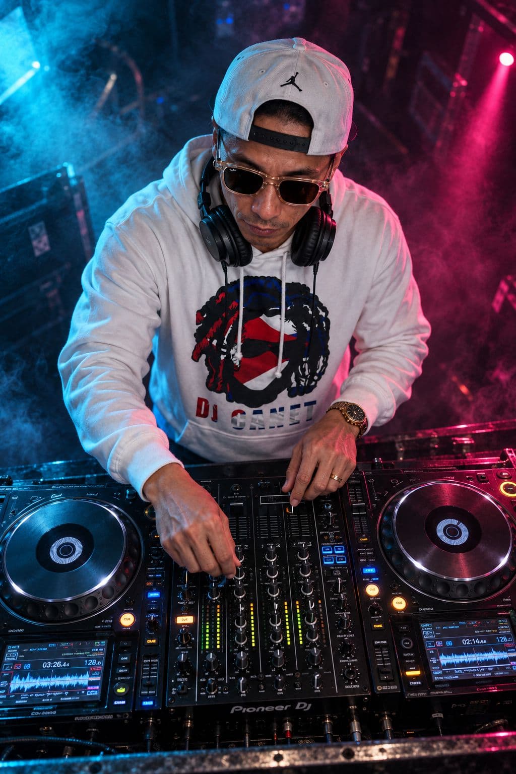 DJ Canet visto desde arriba mezclando en los platos, entre humo azul y rosa